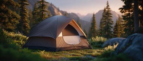 Setting up a summer camping tent in a forest clearing during golden hour photo