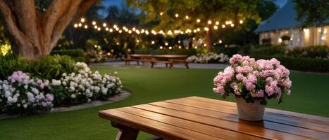 Enchanting garden picnic table under string lights at night romantic atmosphere outdoor scene photo