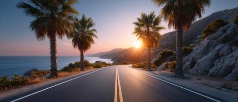 Scenic coastal drive with palm trees at sunset beachside route nature photography calm vibe photo