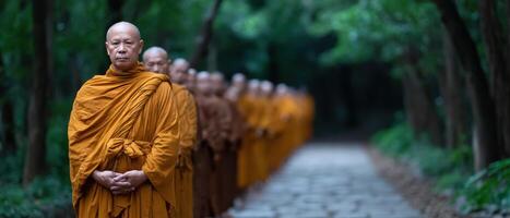 Thai buddhist monks receiving alms in early morning july serene forest path peaceful scene photo