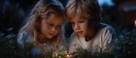 Children capturing fireflies in backyard at dusk magical moment nature evening playful spirit photo