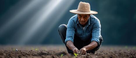 Indian farmer cultivating crops in lush fields rural landscape natural environment focused view photo