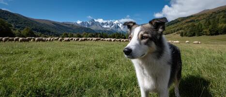 Border collie herding sheep in a sunlit green pasture scenic mountain background photo