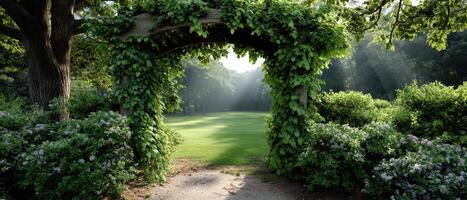 Serene garden arbor view with climbing vines tranquil nature setting high-quality photograph photo