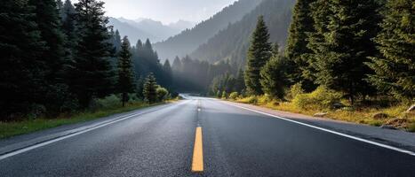 Morning haze on a deserted road surrounded by forests in tranquil nature landscape photo