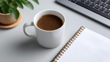 Minimalist workspace overhead photo with coffee and notepad modern office environment
