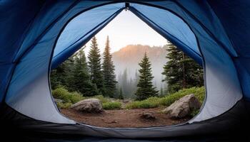 Peaceful dawn mountain view from inside tent nature exploration outdoor adventure photo