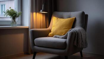 Cozy modern reading nook with warm lighting minimalist design inviting atmosphere photo