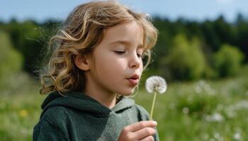Child blowing dandelion seeds in sunlit field slow motion nature outdoor playful concept photo