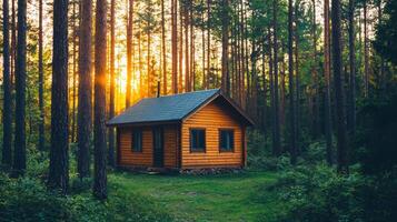 Morning sunlight illuminates a cozy wooden cabin in forest setting nature photography photo