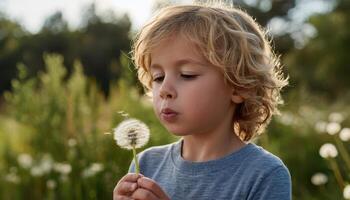 Child blowing dandelion seeds in sunlit field slow motion nature scene photo