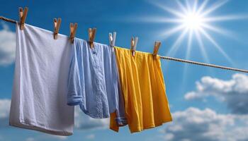 Freshly washed linens drying on clothesline in sunlit garden outdoor scene bright day photo