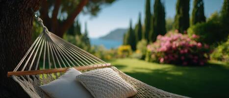 Relaxing in a summer hammock backyard oasis outdoor serenity nature daytime tranquil escape photo