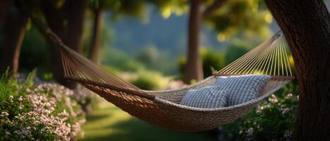 Relaxing summer hammock in backyard oasis surrounded by trees and soft light photo