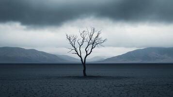 Lonely tree on open plain under moody sky nature landscape photography dramatic environment photo