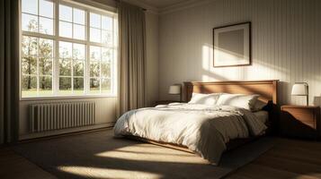 Cozy bedroom with linen sheets and sunlight in a tranquil home environment photo