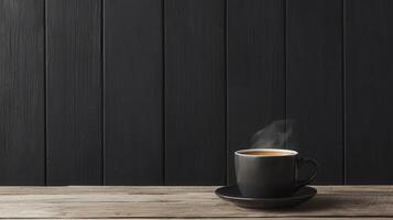 Steaming coffee cup on rustic wooden table low resolution cozy atmosphere close-up view photo
