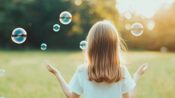 Girl playing with soap bubbles in a garden nature outdoor joyful atmosphere child's play photo
