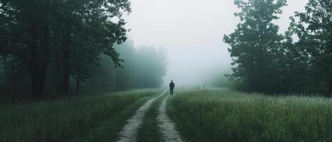 Misty forest trail walk at dawn soft backlight nature scene serene environment tranquil perspective photo