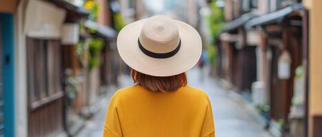 Stylish woman walking through narrow urban alley in japan fashion photography city vibes photo