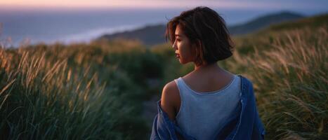 Asian girl walking through tall grass at sunset nature scene serene atmosphere photo