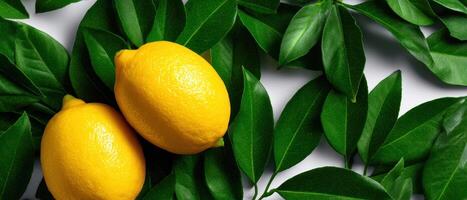 Fresh lemons and green leaves flat lay composition in natural light culinary inspiration photo