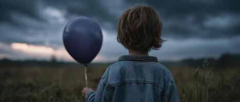 Child with balloon in open field under cloudy sky emotional landscape photography photo