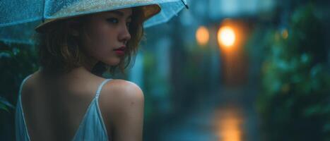 Woman with umbrella walking through rainy alley at dusk soft lighting urban vibes photo
