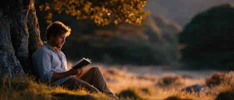 Man reading book under tree sunlit nature scene tranquil environment peaceful viewpoint photo