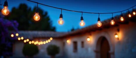Decorative hanging lights illuminate wooden patio at night outdoor relaxation cozy atmosphere photo