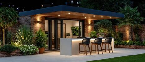 Stylish outdoor kitchen with undercounter lights modern design backyard evening atmosphere photo