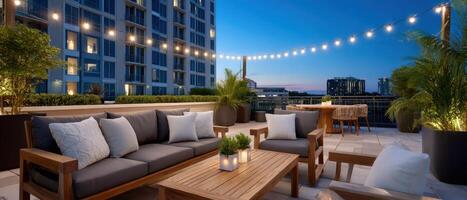 Relaxing evening on a rooftop terrace with string lights and cozy seating cityscape view photo