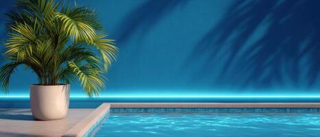 Tranquil poolside scene with neon lighting and palm shadows modern oasis evening ambiance photo
