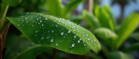 Rain droplets on banana leaves nature scene macro photography tropical environment close-up view photo