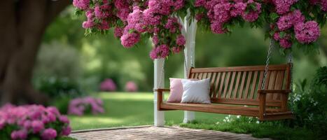 Relaxing garden swing under blooming trees in early summer scenic nature setting photo
