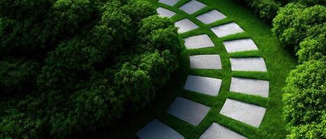 Circular stepping stones in lush grass aerial view serene garden pathway nature scene photo