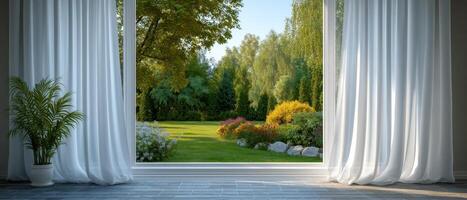 Transparent curtains blowing garden view interior design sunny environment inviting perspective photo