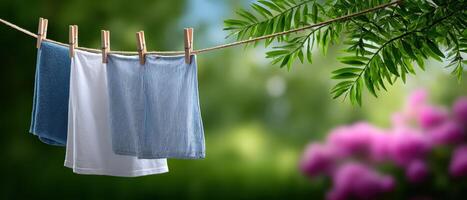 Hanging laundry on a line in backyard garden with lush greenery and blooming flowers photo