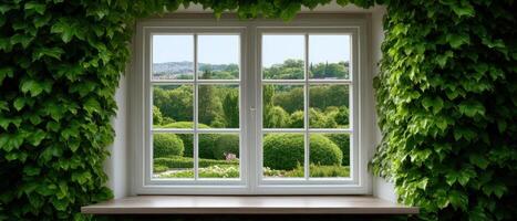 Ivy-covered window frame view from inside lush greenery home interior tranquil setting photo