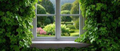 Climbing ivy framed window view lush garden nature scene indoor perspective photo