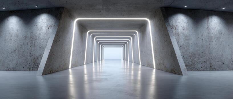 Minimalist concrete tunnel with white lighting modern architecture indoor space professional view photo