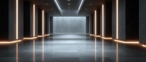 High-tech metallic corridor with vertical lighting modern building interior design futuristic style photo