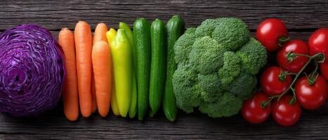 Colorful raw vegetables displayed in rainbow gradient on wooden surface natural setting photo