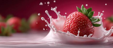 Frozen milk splash with strawberry falling food photography studio setting photo