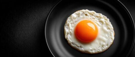 Single egg yolk on black ceramic plate high fidelity food photography elegant presentation photo
