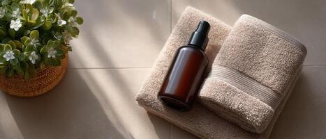 Skincare routine flat lay natural light home bathroom relaxing environment aesthetic view photo