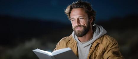 Man reading book under solar-powered lamp at night outdoor setting relaxed atmosphere photo
