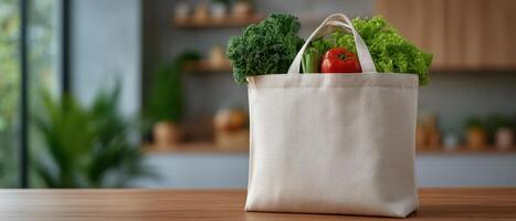 Reusable grocery tote bag on table with fresh produce home kitchen lifestyle natural light photo