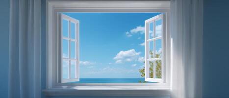 Open window with fluttering wind-powered blinds coastal view indoor scene bright day photo