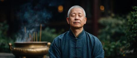 Meditative man practicing mindfulness outdoors incense burning calm environment serene viewpoint photo